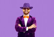 Portrait of man wearing funny costume. Studio shot of happy bearded guy in purple fedora hat, velvet suit, crazy bow tie and party glasses standing with arms folded, looking at camera and smiling