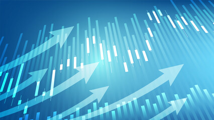 economy situation concept. Financial business statistics with bar graph and candlestick chart with uptrend arrow show stock market price and currency exchange on blue background