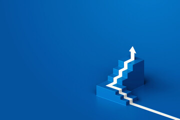 white arrow up with blue stair on blue floor background, 3d arrow climbing up over a staircase , 3d 