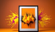  A Picture Frame With Yellow And Purple Paint Splattered On It And An Orange Background With A Black Frame With A Picture Of A Yellow And Purple Splattered Picture.  Generative Ai