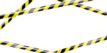 Realistic Striped Crossing Caution Tape Of Warning Signs For Crime Scene Or Construction Area In Yellow. Police Line, Do Not Cross Ribbon. Warning Danger Tape. Ribbons For Accident, Under Construction