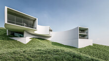 Architecture 3d Rendering Of White House Building With A Green Slope Landscape