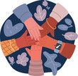 Cartoon vector illustration of hands of people making a gesture of unity, cohesion and support. A stack of hands