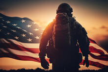 Soldier And USA Flag On Sunrise Background. Concept National Holidays, Flag Day, Veterans Day, Memorial Day, Independence Day, Patriot Day