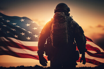 Soldier and USA flag on sunrise background. Concept National holidays, Flag Day, Veterans Day, Memorial Day, Independence Day, Patriot Day