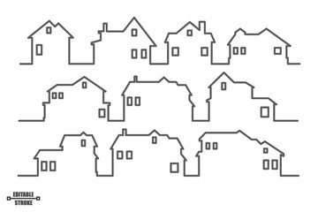 Neighborhood houses outline panoramic landscape. Continuous one line buildings drawing silhouette. Minimalistic vector illustration.