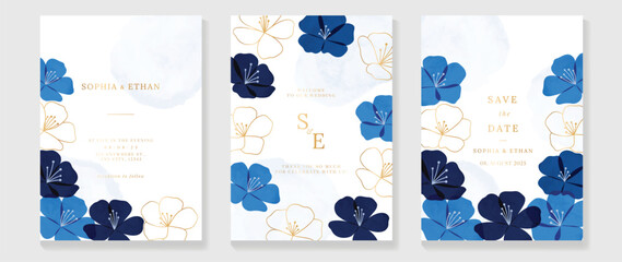 Wall Mural - Luxury wedding invitation card background vector. Watercolor botanical flower shape in blue color theme with gold line art texture. Design illustration for wedding and vip cover template, banner.