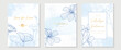 Luxury wedding invitation card background vector. Blue color theme botanical flowers line art with watercolor texture background. Design illustration for wedding and vip cover template, banner.