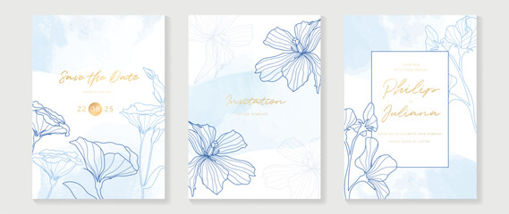 Wall Mural - Luxury wedding invitation card background vector. Blue color theme botanical flowers line art with watercolor texture background. Design illustration for wedding and vip cover template, banner.
