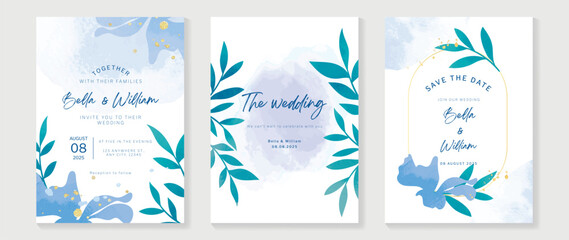 Wall Mural - Luxury wedding invitation card background vector. Botanical floral leaf branch with blue theme watercolor texture, gold ink splatter. Design illustration for wedding and vip cover template, banner.