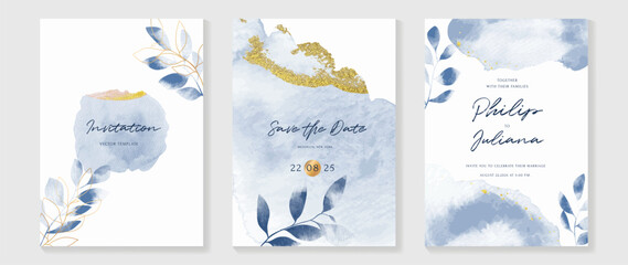 Wall Mural - Luxury wedding invitation card background vector. Hand drawn leaf branch in blue theme watercolor and gold glitter brush stroke texture. Design illustration for wedding and vip cover template, banner.