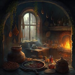 Portrait of an old beautiful kitchen. Generative AI.