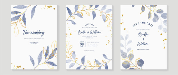 Wall Mural - Luxury wedding invitation card background vector. Hand drawn leaf branch in blue watercolor and gold line art, ink splatter texture. Design illustration for wedding and vip cover template, banner.