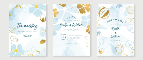 Luxury wedding invitation card background vector. Golden flowers in blue theme watercolor and gold glitter ink splatter texture. Design illustration for wedding and vip cover template, banner.