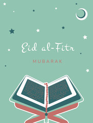 Eid Mubarak. Islamic greeting card with Koran on Eid al Fitr. Vector holiday illustration in green colors for greeting card, poster and banner.