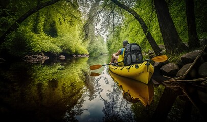  a man in a yellow kayak on a river surrounded by trees and a rock wall with a backpack on his back and a backpack on his shoulder.  generative ai