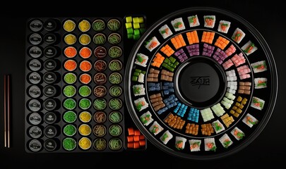 Wall Mural -  a large tray of sushi and chopsticks with a black background and a black tray with a variety of sushi and chopsticks in it.  generative ai