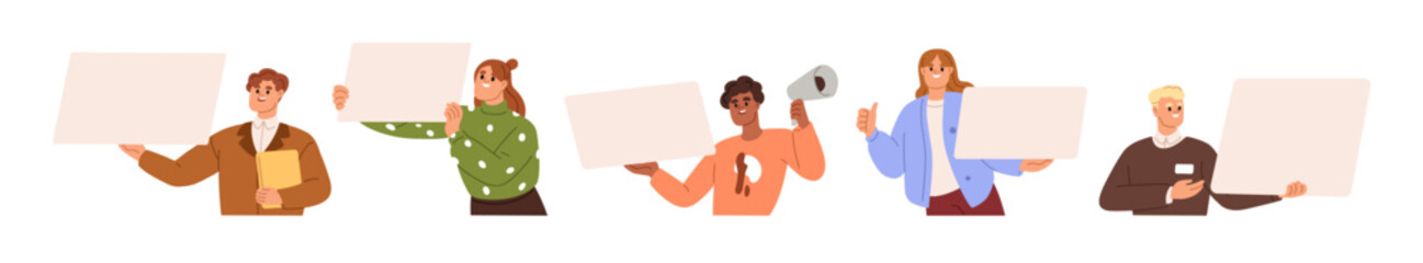 Aufkleber - People holding blank advertising banners set. Happy characters showing ad offers, empty space for text on paper boards, placards in hands. Flat vector illustrations isolated on white background