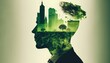 Sustainable environment concept. The image depicts human thinking towards preserving nature, reducing carbon footprint and building sustainable urban community for green future. Generative AI