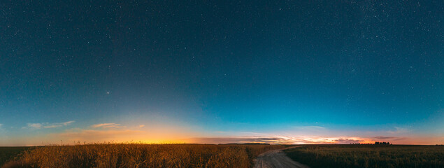 Wall Mural - Night Starry Sky With Glowing Stars Above Countryside Landscape. Light Cloudiness Overcast Above Rural Field Meadow And Country Road In Summer. Panorama, Panoramic View.