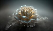  A White Rose With Water Droplets On It's Petals Is Shown In The Middle Of A Black And White Background With A Black Background.  Generative Ai