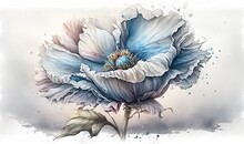  A Blue And White Flower With A Green Stem On A White Background With Watercolor Stains On The Petals And The Petals Are Slightly Spiky.  Generative Ai