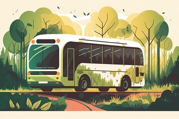 A digital illustration of a white bus on a forested route with stylized trees.