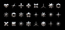 Y2K Chrome Elements For Design - Stars, Flowers, And Other Simple Geometric Shapes. Trendy Collection Of Vector Abstract Figures With A Shiny Metallic Effect