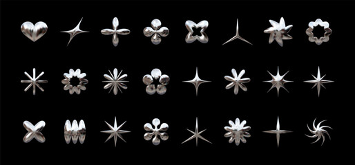 y2k chrome elements for design - stars, flowers, and other simple geometric shapes. trendy collectio