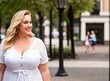 Confident overweight woman walking the city street. Generative AI