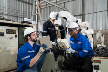 Aufkleber - Engineer discuss and control robot arm by remote robot control in workshop. Group of male technician working with control automatic robot arm system welding. Industry robot manufacturing technology