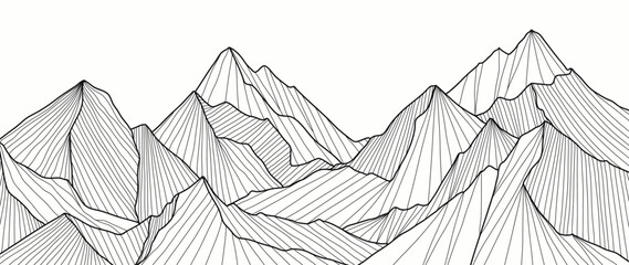 black and white mountain line art wallpaper. contour drawing luxury scenic landscape background desi