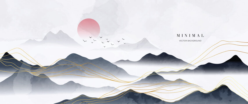 luxury mountain wallpaper with foggy sky scenic landscape. watercolor and gold line art texture hill