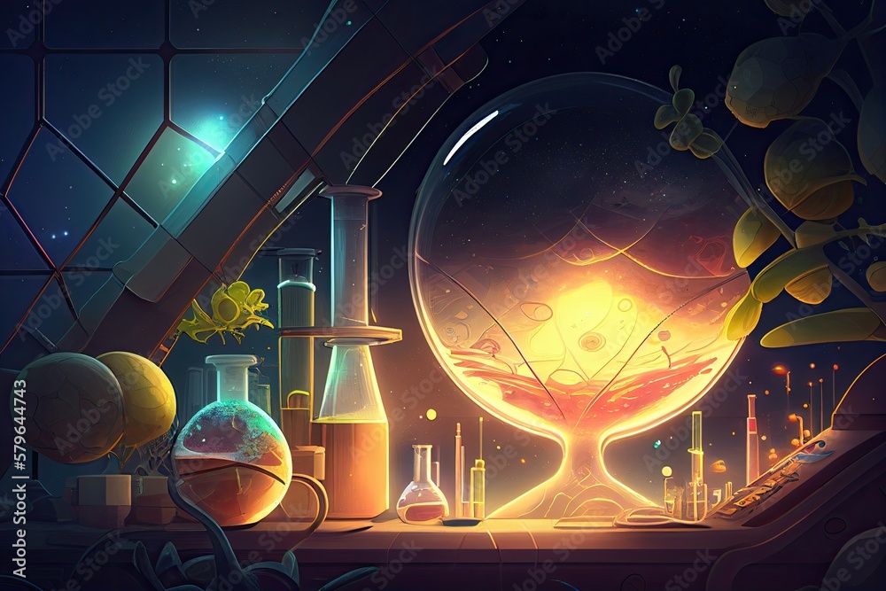 Science background illustration, scientific design. Flasks, glass and ...