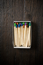 Overhead View Of Colorful Matchsticks In Box On Wooden Table