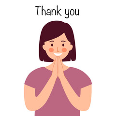 Smiling girl gesture thank you in flat design on white background.