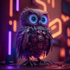 Poster - Fantasy owl with neon lights on the background. Generative AI