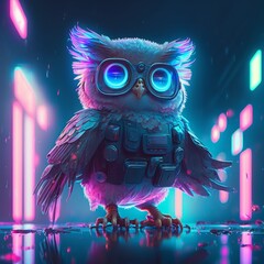 Poster - Owl with glasses on the background of neon lights. Generative AI