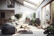 Scandinavian style living room with a skylight in the ceiling and a garden, interior scene and mockup. Generative AI