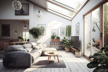 scandinavian style living room with a skylight in the ceiling and a garden, interior scene and mocku