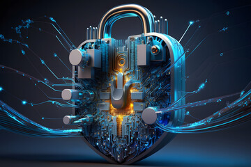 Padlock With Keyhole icon in personal data security Illustrates cyber data or information privacy idea. blue color abstract hi speed internet technology. Neural network AI generated art