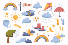 Funny And Cute Weather Icons Set Concept Without People Scene In The Flat Cartoon Design. Image Of Various Weather Conditions And Natural Phenomena. Vector Illustration.