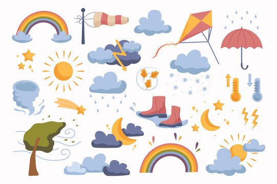funny and cute weather icons set concept without people scene in the flat cartoon design. image of v