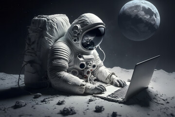 Wall Mural - astronaut in outer space working on a laptop. neural network ai generated art