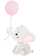 Cute Baby Pink Elephant Holding A Balloon