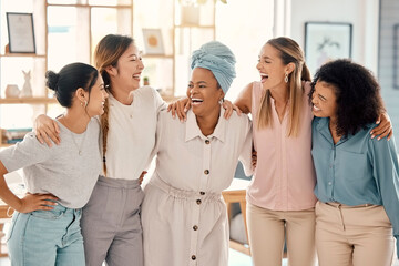 Poster - Happy business people, women empowerment and diversity team, collaboration and motivation, employee engagement and support in startup office. Laughing group, female friends and marketing agency staff