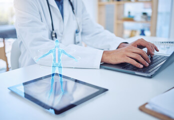 Poster - Doctor typing, laptop and tablet hologram, futuristic body graphic or ai. Health, healthcare and man with future cyber tech, pc or computer working on research on digital, 3d or holographic gadget.