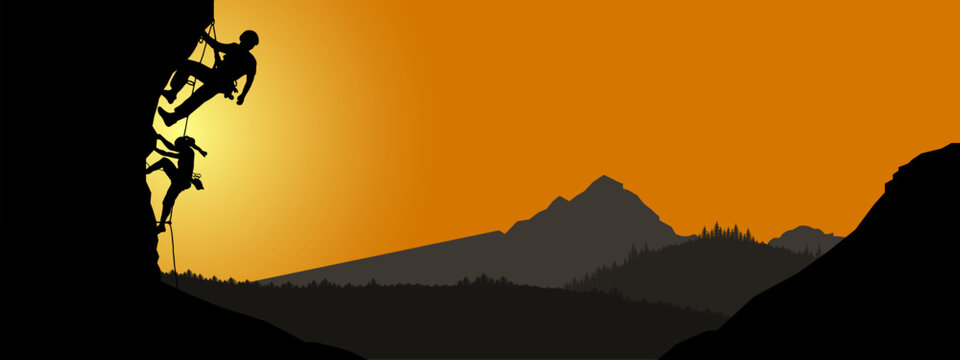 Fototapete - Climb climbers adventure hobby vector illustration for logo - Black silhouette of a climber woman and man on a cliff rock with mountains landscape and sunset sunrise as a background