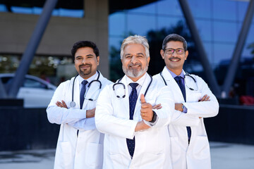 Wall Mural - Successful team of medical doctors showing thumps up at hospital.