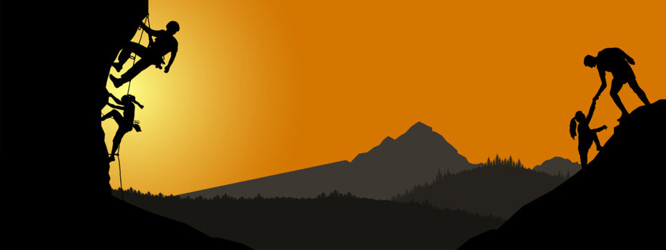Fototapete - Climb climbers adventure hobby vector illustration for logo - Black silhouette of a climber woman and man on a cliff rock with mountains landscape and sunset sunrise as a background